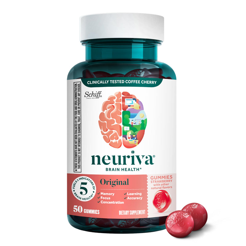 NEURIVA Original Brain Supplements for Memory and Focus, Clinically Tested Nootropics Phosphatidylserine and Neurofactor, Caffeine Free, 50ct Strawberry Gummies | Brain Supplements for Memory and Focus, Phosphatidylserine, Neurofactor, Decaffeinated No...