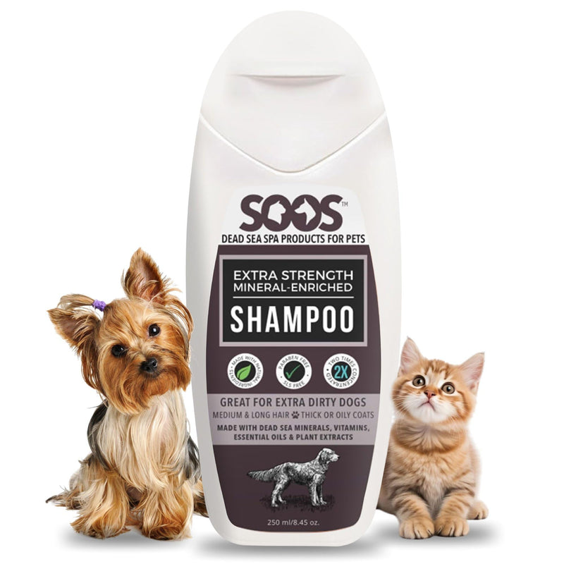 Soos Pets Shampoo Extra Strength for Cat and Dog Shampoo Natural Dead Sea Mineral Enriched Fast Absorbing with Vitamins Essential Oils Natural Ingredients Antib-acterial - 1x 250ml - PawsPlanet Australia
