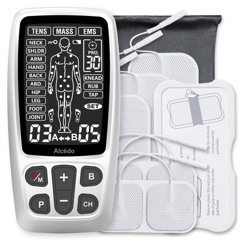 Alcedo Rechargable TENS+EMS Muscle Stimulator for Pain Relief | 3-in-1 Dual Channel, 40 Levels, 41 Programs, 8 Reusable Pads (3 Sizes), A/B Control, Back/Neck Pain