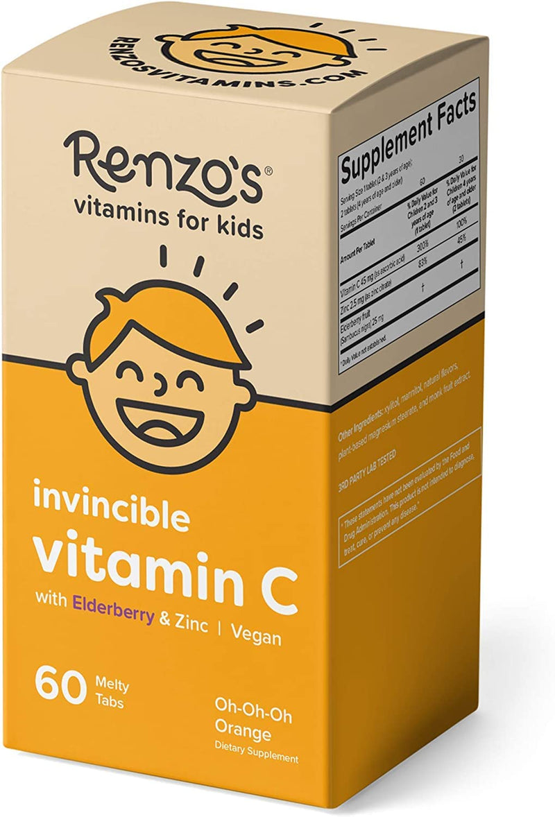 [Australia] - Renzo's Invincible Vitamin C for Kids with Elderberry & Zinc - Dissolvable Kids Vitamins for Immune Support - 60 Orange-Flavored Melty Tabs 60 Count (Pack of 1) 