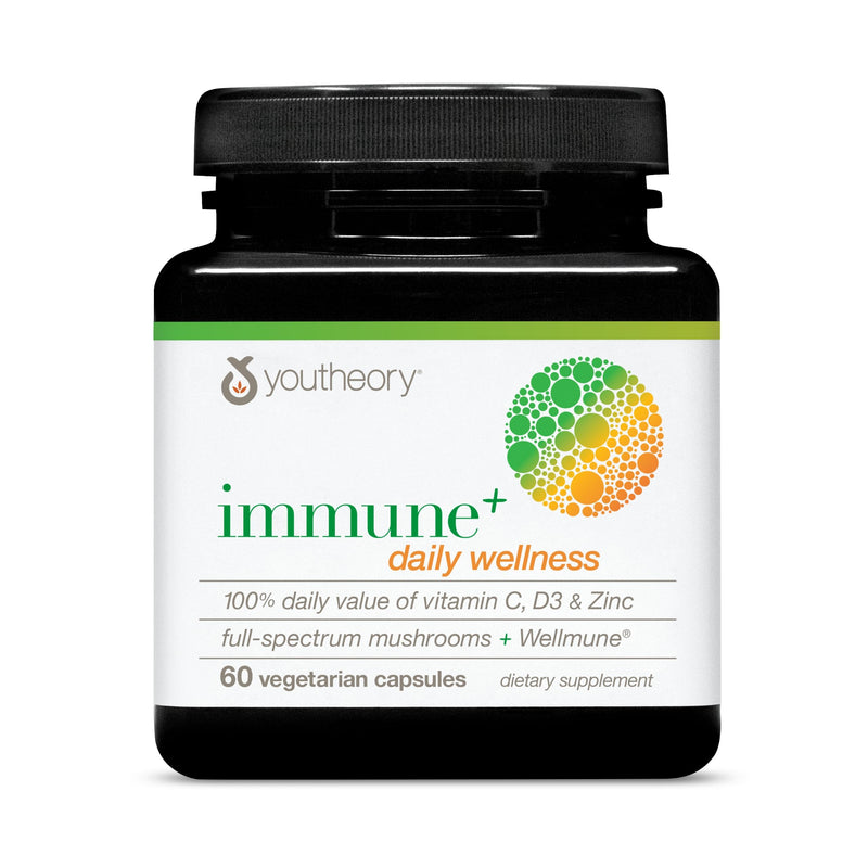 Youtheory Immune+ Daily Wellness, 60 Vegetarian Capsules, 20-Day Supply | Vegetarian Immune Support with Vitamin C, D3, and Zinc*, Mushroom Blend with Turkey Tail, Cordyceps, and Reishi