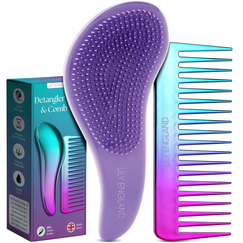 Lily England Detangler Brush & Comb Set - Lightweight Wide Tooth Detangling Tool for Women & Kids - Smooths Curly, Straight, Dry, Fine, & Thick Hair, Purple Mermaid 2 Pack