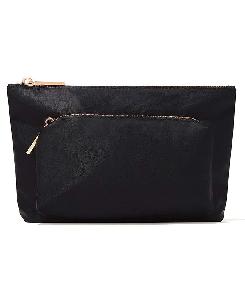 Jillian Dempsey Makeup Bag, Everyday 2-Pocket Cosmetic Organizer, Nylon | Medium everyday cosmetic organizer with two pockets and easy-clean nylon. Black with rose gold, travel-friendly.