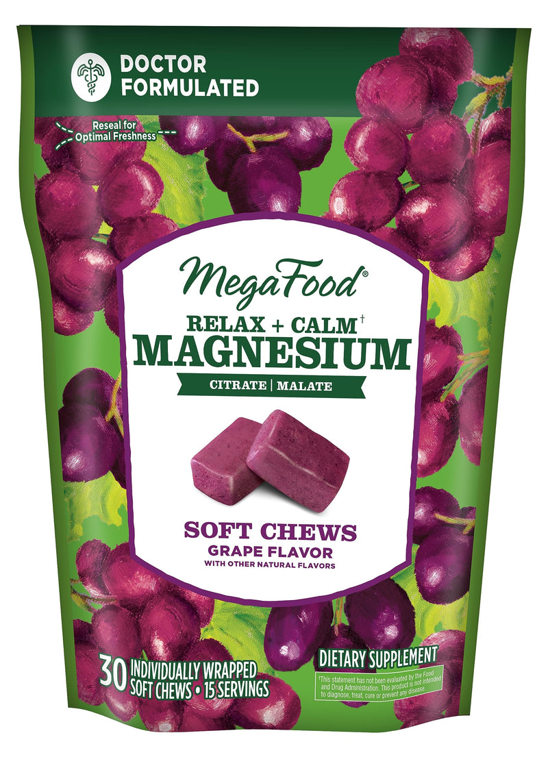 [Australia] - MegaFood Relax + Calm Magnesium Supplement - Soft Chews with Magnesium Citrate & Magnesium Malate for Heart Health, Muscle Tension & More - Vegetarian - Grape-Flavor - 30 Chews per pack (Pack of 1) 30 Count (Pack of 1) 