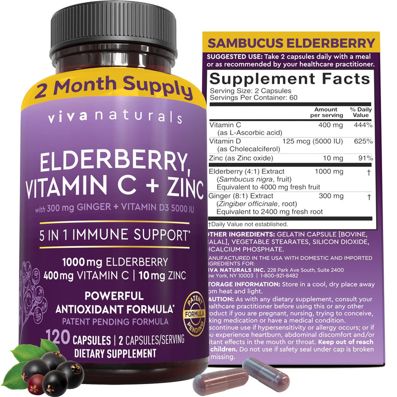 Viva Naturals Elderberry with Vitamin C and Zinc for Adults - 5 in 1 Sambucus Black Elderberry Capsules with Vitamin D3 5000 IU Immunity Supplement, Sambucus Elderberry Immune Support Supplement 120 Count (Pack of 1)