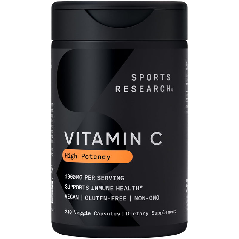 Sports Research® High Potency Vitamin C 1000mg, 240 Count Veggie Capsules | Antioxidant Activity & Immune Support | Ascorbic Acid Vitamin C | Non-GMO Verified & Gluten Free - 240 Servings Non-GMO Capsules