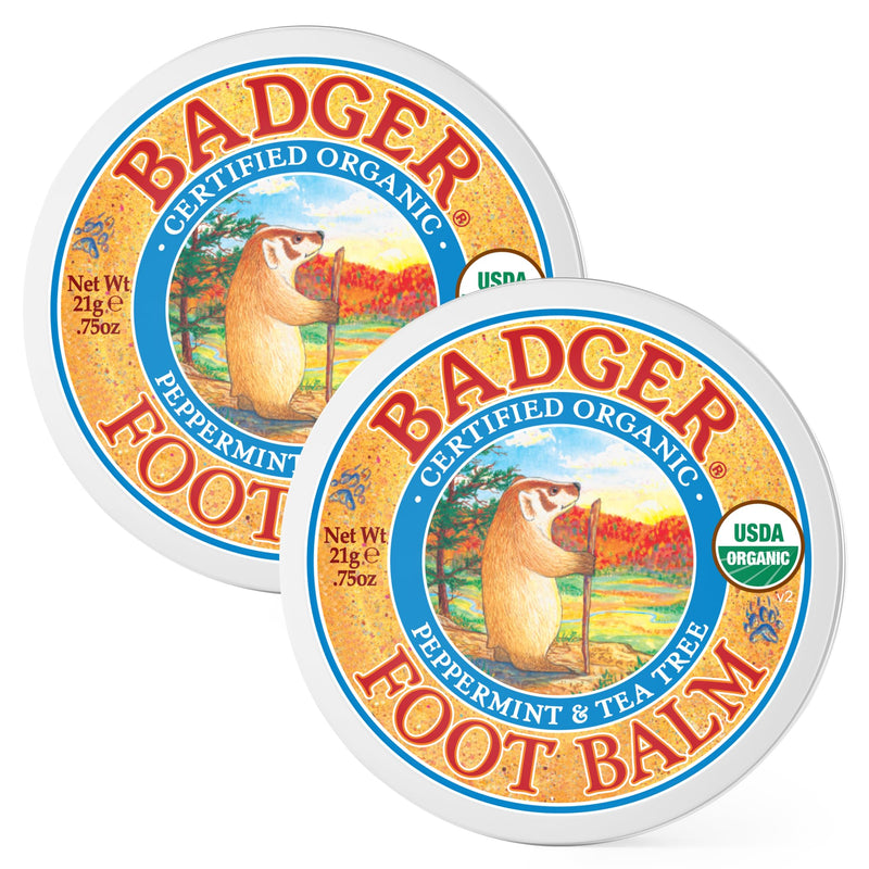 Badger Foot Balm, 100% Organic Foot Cream for Dry Cracked Heels and Feet, Fast Acting Foot Care for Women & Men, All-Natural Cracked Heel Treatment, .75 oz Tin, 2-Pack Peppermint & Tea Tree 0.75 Ounce (Pack of 2)
