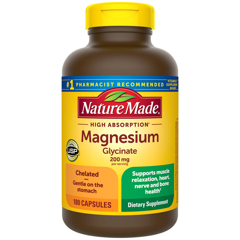 Nature Made Magnesium Glycinate 200 mg per Serving, 180 Capsules | High Absorption Magnesium Supplement for Muscle, Heart and Bone Support, Magnesium Bisglycinate Capsules, 90 Day Supply 180 Count (Pack of 1)