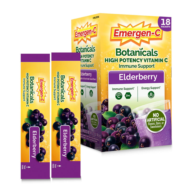 Emergen-C Elderberry Vitamin C Immune Support Powder, 18 Packets | High Potency Vitamin C, Zinc and Manganese, B Vitamins, Botanical, Gluten Free, Caffeine Free 5.2 Ounce (Pack of 1)