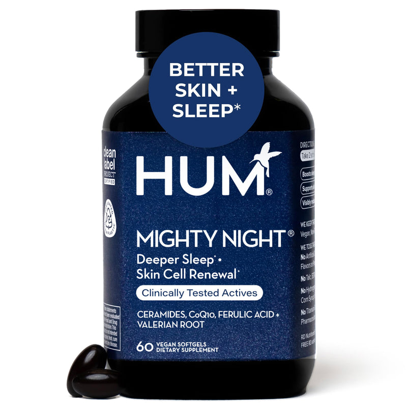 HUM Mighty Night Sleep & Skin Supplement CoQ10 & Valerian Root, 60 Count | CoQ10, Ferulic Acid, Ceramides, Passion Flower & Valerian Root, Women & Men, Vegan Softgels
