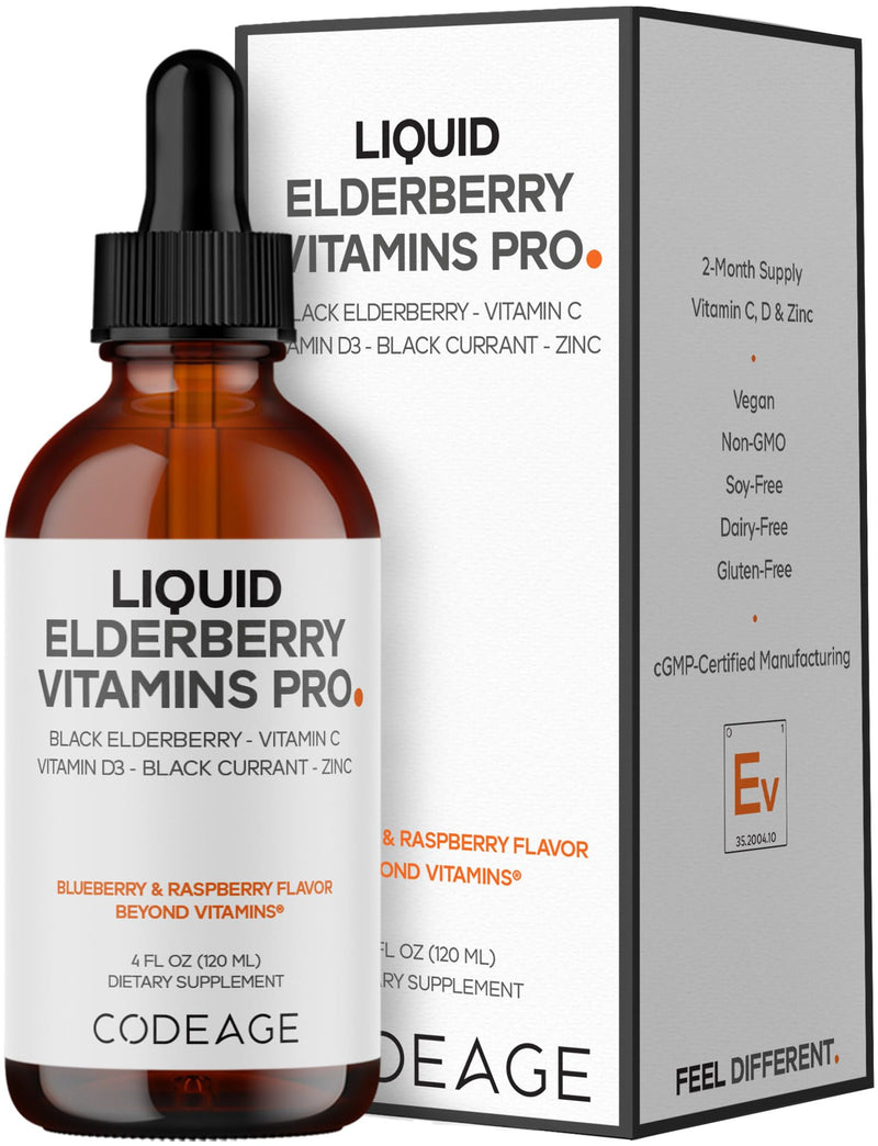 Codeage Elderberry Vitamins Pro Liquid, Vitamin C, D3, Zinc, 4 Fl Oz | Organic black elderberry liquid drops, black currant, vitamin C, D3, zinc. Adults & kids. Vegan, non-GMO.
