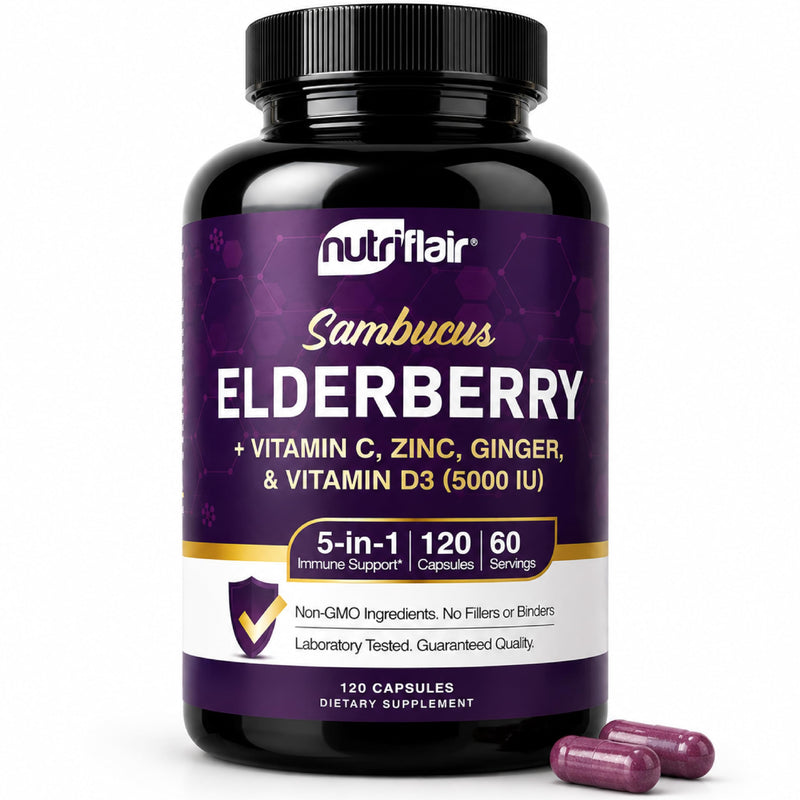 NutriFlair Sambucus Elderberry Capsules, 120 Capsules (2-Month Supply) - Elderberry Extract with Vitamin C, Vitamin D3, Zinc & Ginger - Daily Wellness Support