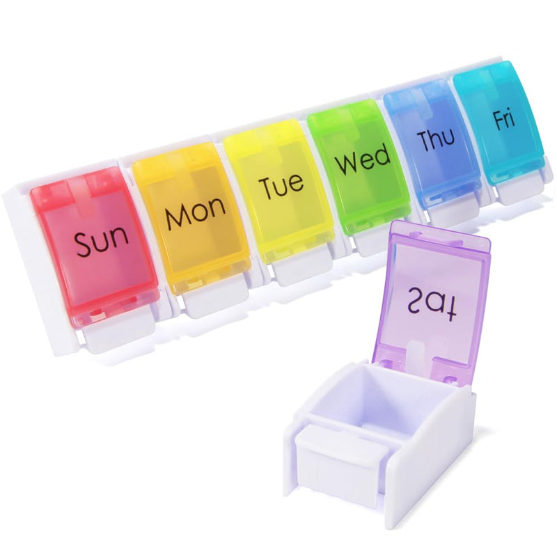 7 Day Pill Organizer, Removable Daily Cases with Rainbow Lids & Permanent Day Printing – No Stickers, Large Capacity Travel Medicine Holder for Pills, Vitamins & Fish Oil, Easy One-Handed Open (1/Day) D-mixed Color