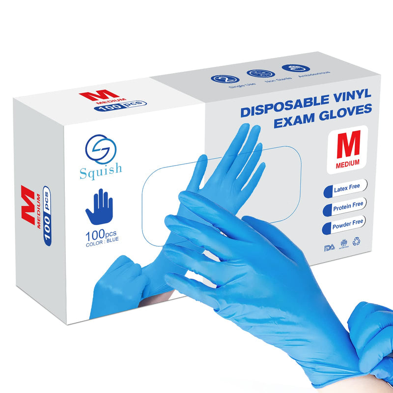 [Australia] - squish Disposable Gloves, 100Pcs Blue Vinyl Blend Exam Gloves Non Sterile, Powder Free, Latex Free - Cleaning Supplies, Kitchen and Food Safe(Pack of 100) (Blue Medium) Medium (Pack of 100) 100 Pcs 