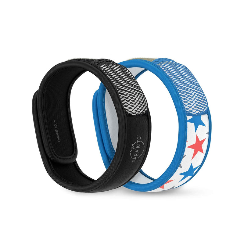 [Australia] - PARA'KITO Mosquito Repellent Bracelets + Refill Pellets Bundle, Mosquito Bracelets, Peppermint Oil, DEET Free Mosquito Repeller, Hiking Accessories, 2 Wristbands & 2 Refills (Black + Stars) Black/Stars 