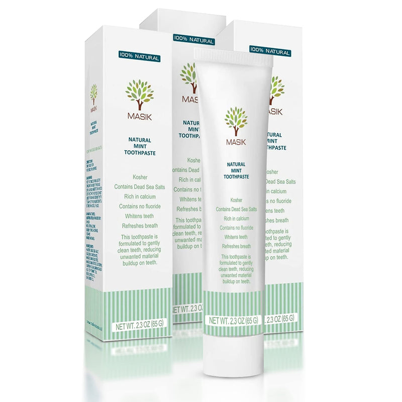 Masik Natural Toothpaste – Whitening & Sensitive Teeth | Dead Sea Salt | Stain & Plaque Remover | Bleeding Gums & Canker Sore Care | Floride & SLS-Free | Non-Foaming | Made in Israel (Mint, 3-Pack)