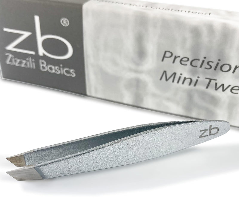 Zizzili Basics Mini Slant Tweezers - Best Tweezers for Eyebrow and Facial Hair Removal Silver