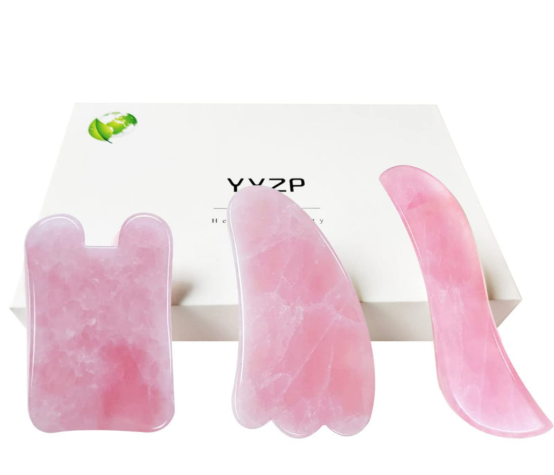 [Australia] - YYZP Natural Rose Quartz ChineseGuaSha Board,Scraping Massage Tools for Acupoint Trigger Point Treatment, Suitable for Facial, Body Care, 3 Set 3Pcs 