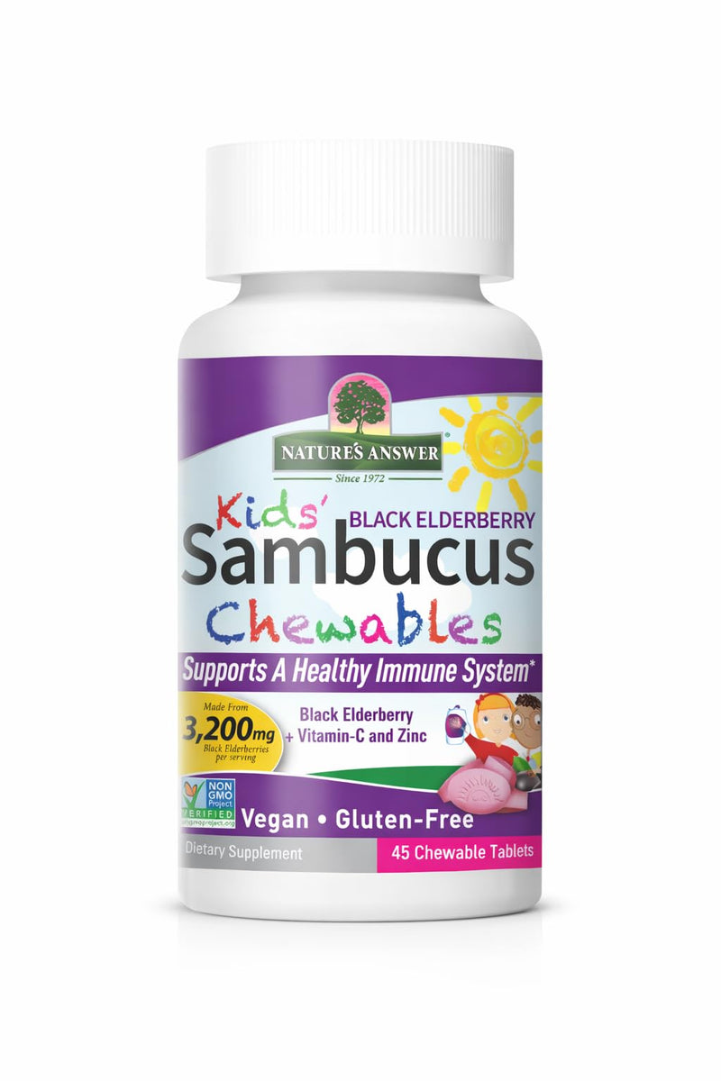 Nature's Answer Kids Sambucus Chewables 3200 mg, 45 Tablets - Black Elderberry with Vitamin C and Zinc - Great Tasting Immune System Support - Vegan, Gluten Free | Black Elderberry with Vitamin C and Zinc, Great Tasting Immune System Support, Vegan, Gl...