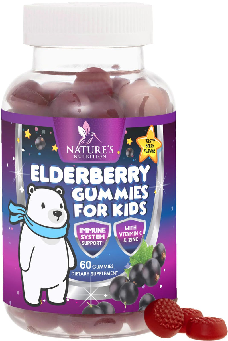 Kids Immune Support Elderberry Gummies - Daily Children's Vitamins C, Zinc & Kids Support Gummy - Nature's Sambucus Elderberry Supplement, Vegan, Gluten-Free, Tasty Berry Flavor - 60 Gummies 60 Count (Pack of 1)