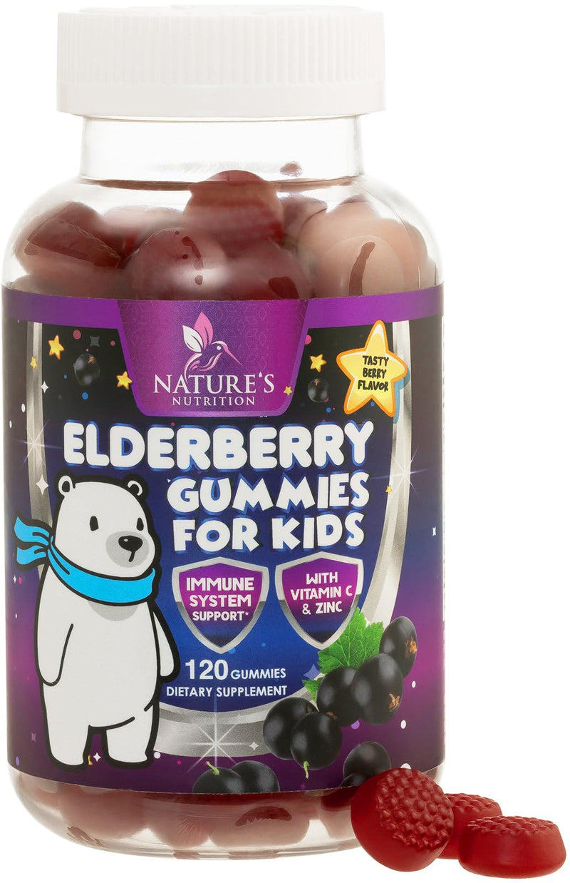 Kids Immune Support Elderberry Gummies - Daily Children's Vitamins C, Zinc & Kids Support Gummy - Nature's Sambucus Elderberry Supplement, Vegan, Gluten-Free, Tasty Berry Flavor - 120 Gummies 120 Count (Pack of 1)
