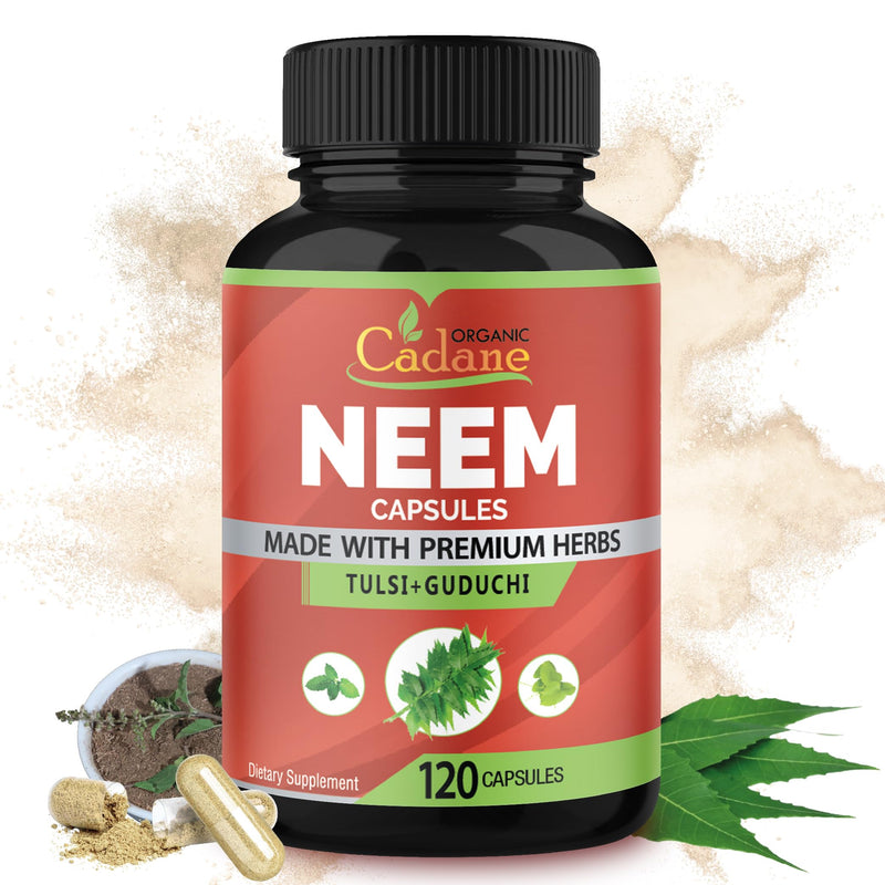 [Australia] - Organic Cadane Neem Leaf Supplements Capsules with Holy Basil Tulsi, Guduchi, 120 Vegetable Capsules | Supports Immune System | Fresh Powder Leaves Herbs 