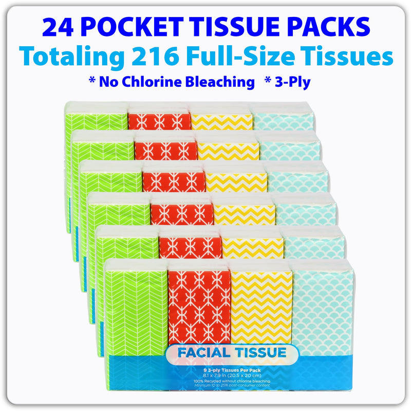 [Australia] - Funwares White Facial Travel Tissue Packs, Chlorine-Free, 24 Packs, 216 Tissues, 3-Ply Sheets, 9 Sheets Per Pack, Car, Travel, School, Work 