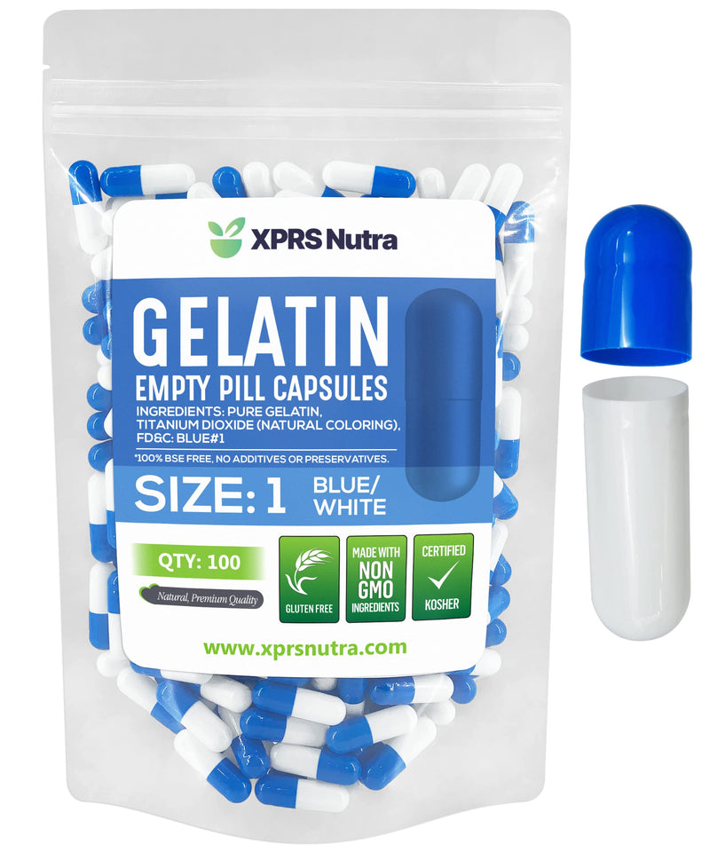 XPRS Nutra Size 1 Empty Capsules - 100 Count Empty Gelatin Capsules - Pill DIY Capsule Filling - Pure Bovine Pill Gel Caps for Do-It-Yourself Supplements (Blue/White) 1 Count (Pack of 100) Blue / White