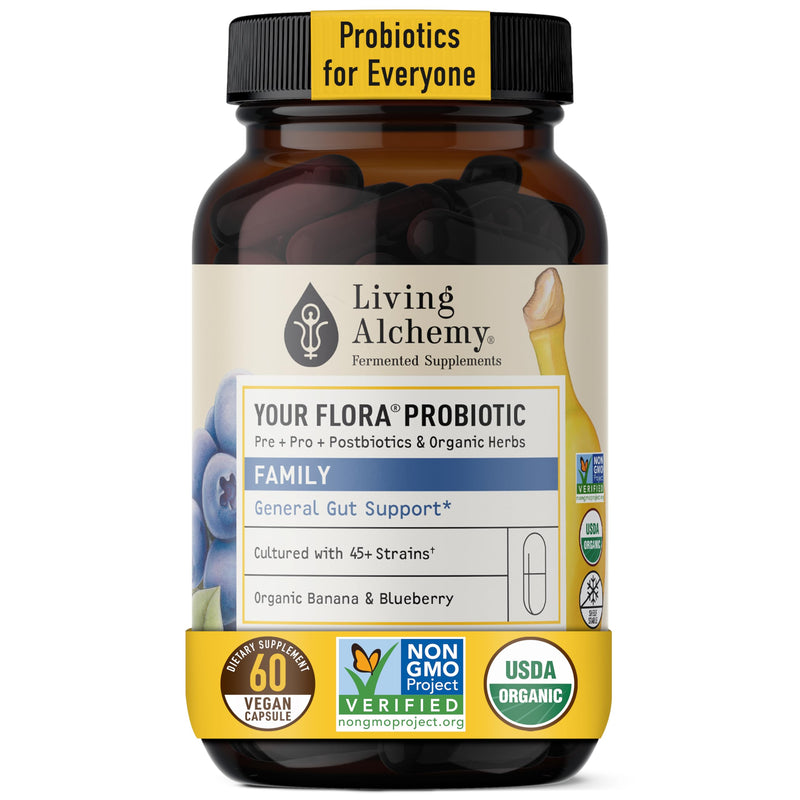 Living Alchemy Your Flora Probiotic Family, Vegan, Non-GMO, 60 Pcs | Fermented Soybean, Banana, Blueberry, Prebiotics, Probiotics, Postbiotics, Digestive Enzymes, Gut Support