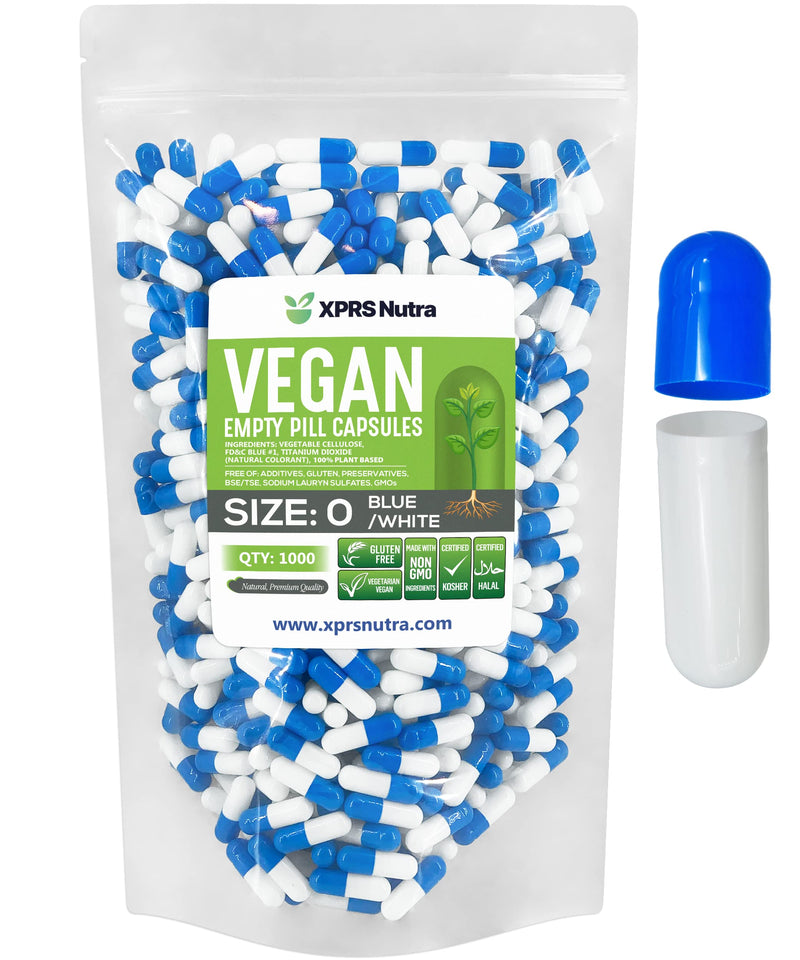 XPRS Nutra Size 0 Empty Capsules - 1000 Count Empty Vegan Capsules - Vegetarian Pills - DIY Vegetable Capsule Filling - Veggie Pill Caps for Do-It-Yourself Supplements (Blue/White) Blue / White 1000 Count (Pack of 1)
