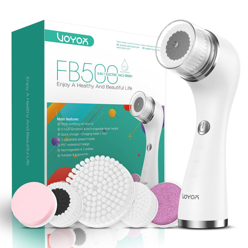 [Australia] - VOYOR Facial Cleansing Brush Rechargeable, Spin Face Brush Waterproof 5-in-1 Body Brush Set for Deep Skin Cleansing, Gentle Exfoliating and Massaging FB500 (White) White 
