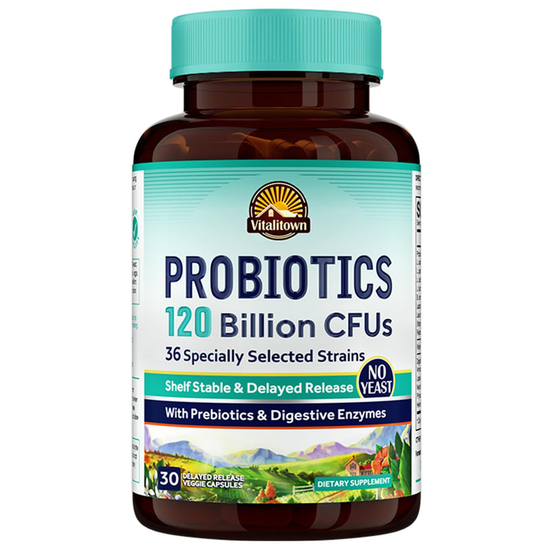 [Australia] - VITALITOWN Probiotics 120 Billion CFUs | 36 Strains, with Prebiotics & Digestive Enzymes for Men Women | Shelf Stable | Digestive Health & Immune Support | Vegan, Non-GMO | 30 Delayed Release Veg Caps 120 Billion CFUs 30 Count (Pack of 1) 