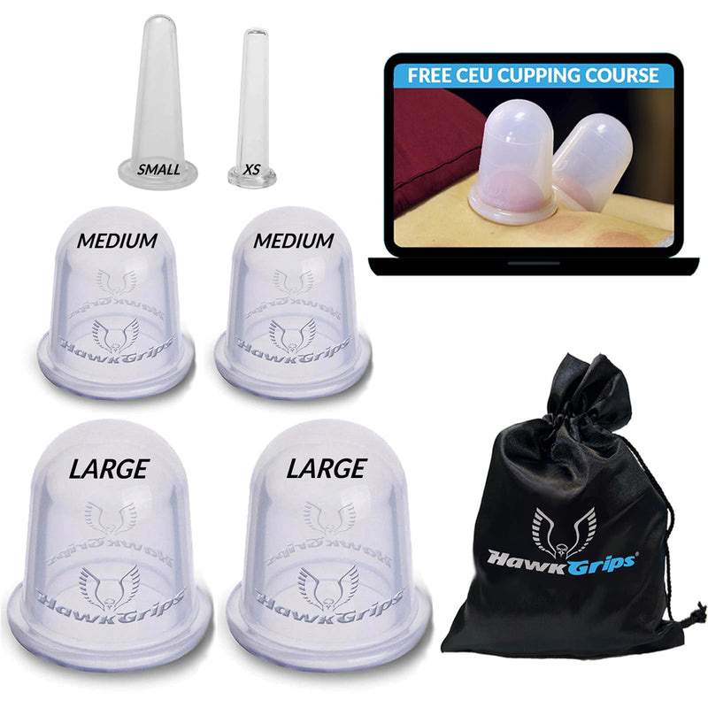 [Australia] - HawkGrips 6-Piece Cupping Kit for Massage Therapy, with 4oz HawkHydro-Water Based Massage Emollient, Deep Tissue Massage, Premium Silicone Cupping Set and Free 2-Hour CEU-Eligible Course 
