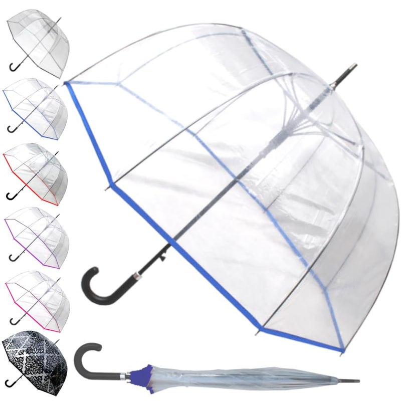 Rare Automatic - Clear Dome Umbrella For Rain and Wind - Windproof Strong | Heavy Duty Umbrella - Best for See Through Visibility - Transparent Fiberglass Men Women Blue Trim