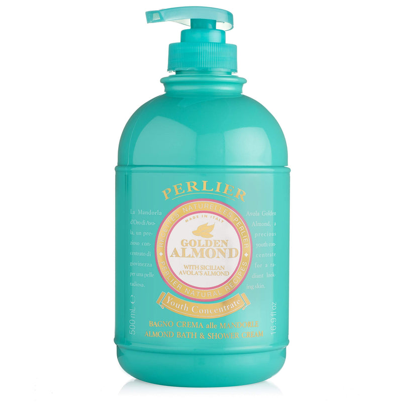 Perlier – Golden Almond Bath & Shower Cream, 8.4 oz / 16.9 oz, Luxurious Creamy Cleanser with Avola & 1000 mg Vitamin E, Moisturizing & Revitalizing Formula, Soft Foaming, Almond Blossom Scent 16.9 Fl Oz (Pack of 1)