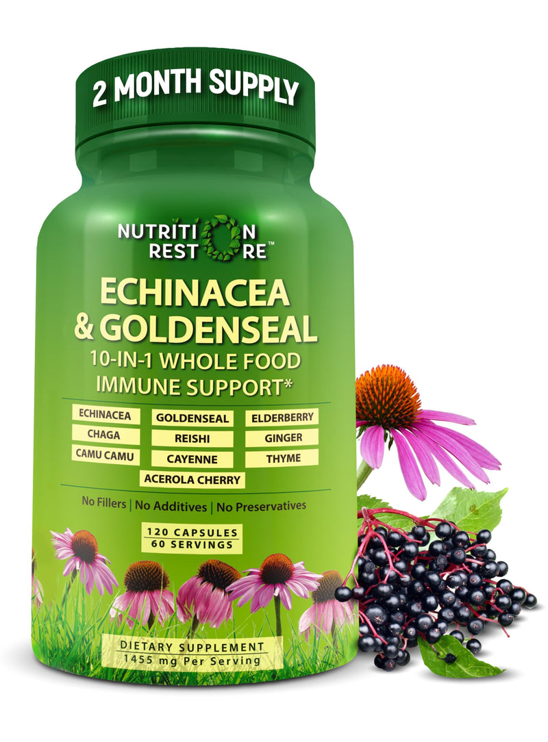 [Australia] - Echinacea Goldenseal Capsules - 10 in 1 Immune Support Supplement - 1455mg - Vegan Echinacea Capsules Supplement Made With Organic Whole Foods - Herbal Immune System Support - 2 Month Supply 120 Count (Pack of 1) 