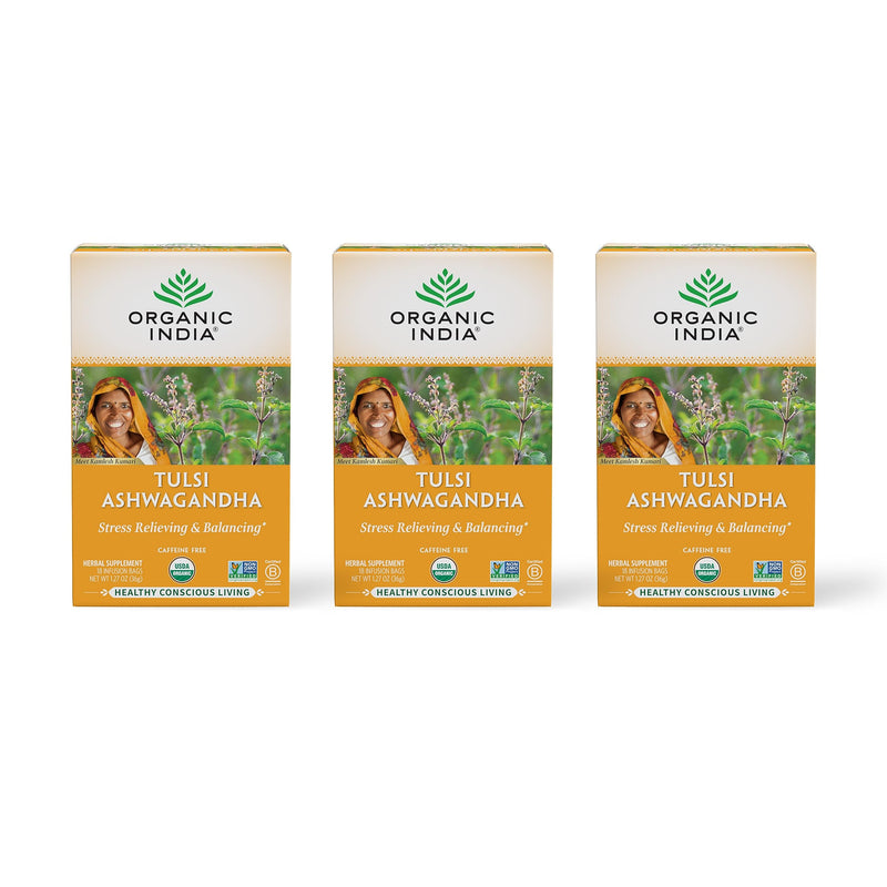 [Australia] - ORGANIC INDIA Calming Tulsi Ashwagandha Herbal Tea - Holy Basil Tea with Ashwagandha Root, Supports Restful Sleep - Adaptogen, Vegan, USDA Certified Organic, Non-GMO - 18 Infusion Bags, 3 Pack 18 Count (Pack of 3) 