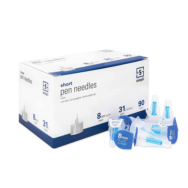 [Australia] - SIMPLI Insulin Pen Needles for at-Home Insulin Injections, Compatible with Most Diabetes Pens and Injection Devices, Size: Short 8mm (5/16”) x 31G, 90 Count 
