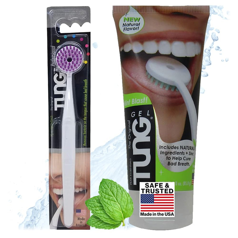 [Australia] - TUNG Tongue Cleaning Kit, TUNG Brush and Natural Mint Blast Gel, Bad Breath Odor Eliminator, Halitosis Defense, USA Made (Set of 1) STARTER PACK 