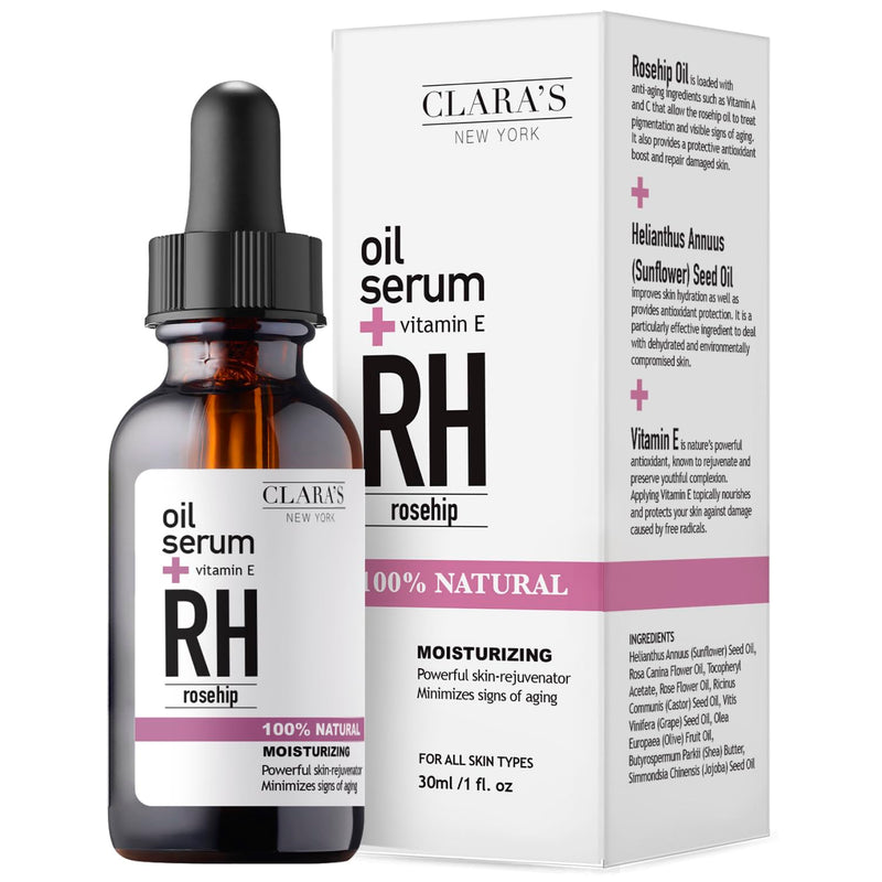 CLARA'S NEW YORK Rosehip Facial Serum with Vitamin E – Hydrating, Lightweight, Smoothing Skin – Made in USA, 30ml (1 Fl Oz) Rose Hip