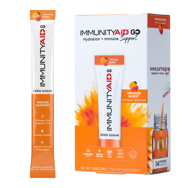 LIFEAID IMMUNITYAID GO Zero Sugar Hydration Packets (14 Packets) | Zero sugar immunity & hydration stick packs with Vitamin C, Zinc, Echinacea, & Astragalus Root. 5 calories, keto, & vegan. Immunity (Orange Burst) 14 Servings