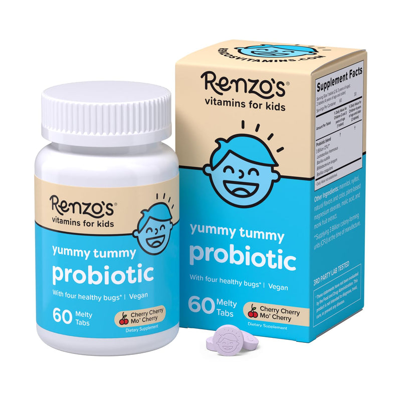 Renzo's Kids Probiotic, Dissolvable Probiotics for Digestive Health & Immune Support, 60 Cherry-Flavored Melty Tabs | 4 Clinically-Studied Strains, Gut Health Support, Immune Support, Sugar-Free, Strawberry Flavor, 1-2 Month Supply