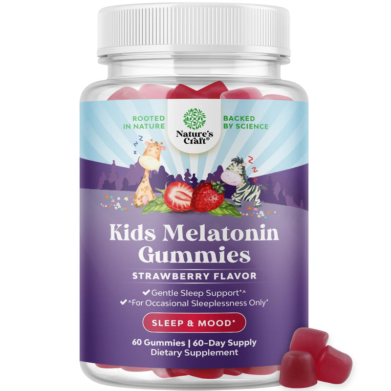 Kids Melatonin Gummies 1mg for Sleep Support, Strawberry - 60 count | Kids melatonin sleep support gummies 1mg with mood support; tummy-friendly, strawberry flavor