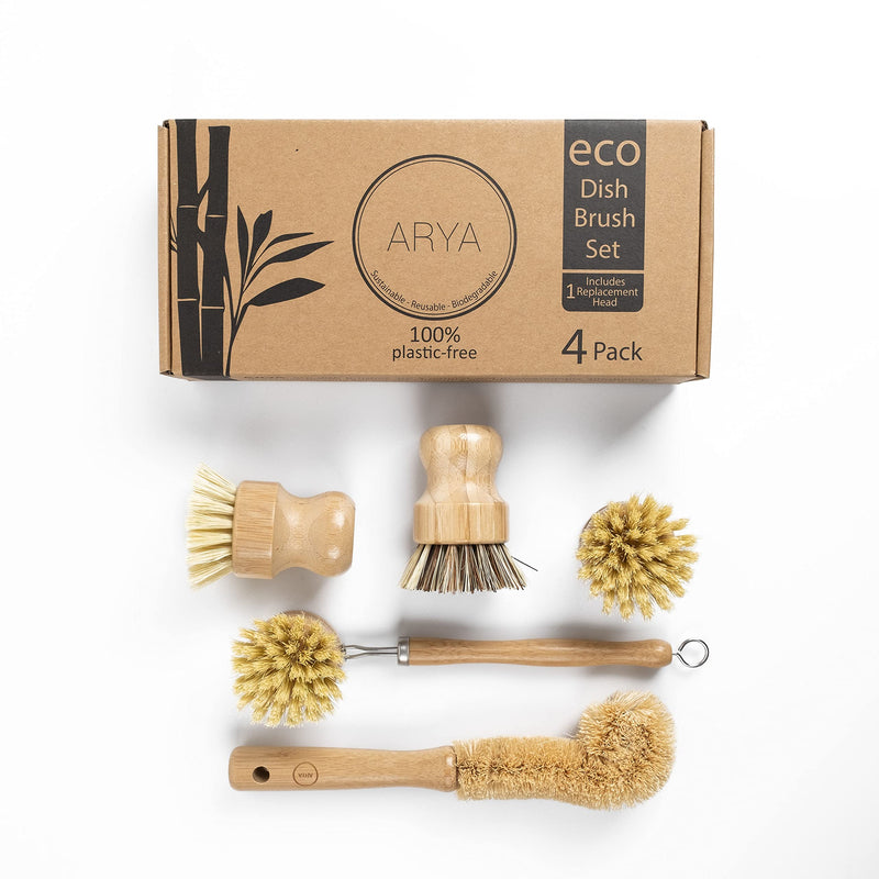 [Australia] - ARYA. Wooden Dish Brush Set | 4 Kitchen Washing Up Brushes & One Replacement Head | Bamboo & Natural Fibers | Eco Friendly Wooden Pot Brush Scourer Scrubber Sponge Alternative 