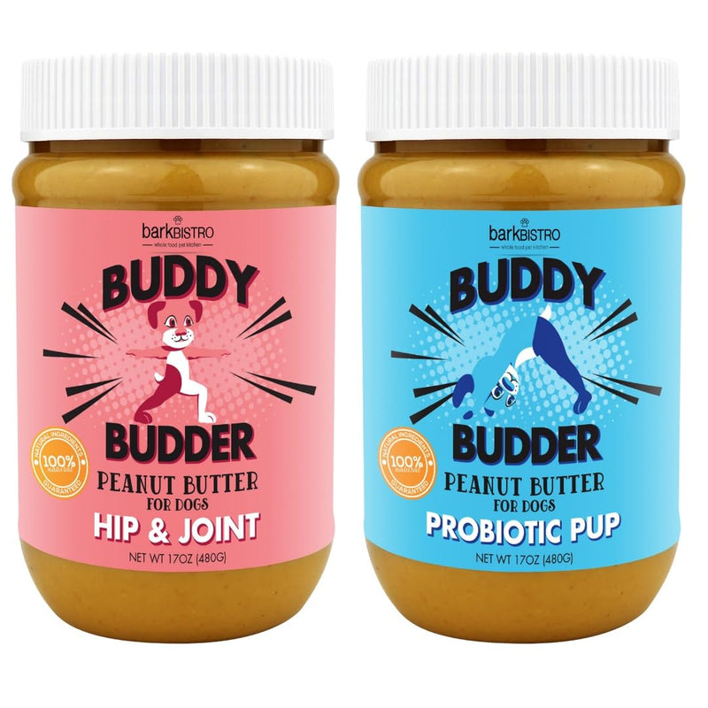 Bow-Wow Blueberry (probiotic + prebiotic) + Cranberry Canine (hip + joint) BUDDY BUDDER, 100% Natural Dog Peanut Butter, Healthy Peanut Butter Supplements, Made in USA (17oz jars) - PawsPlanet Australia