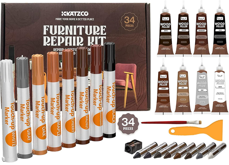 [Australia] - Katzco Furniture Repair Kit Wood Markers - Set of 34 - Markers and Wax Sticks with Sharpener - for Stains, Scratches, Floors, Tables, Desks, Carpenters, Bedposts, Touch-Ups, Cover-Ups 