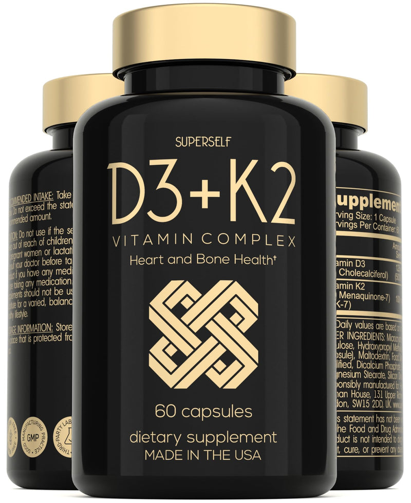 SuperSelf Vitamin D3 K2 Capsules - 60 Capsules - for Bones, Muscle, Teeth | USA Made - Vegetarian Vit D Supplement - High Strength - Vitamin D3 5000 IU & Vitamin K MK7 100mcg