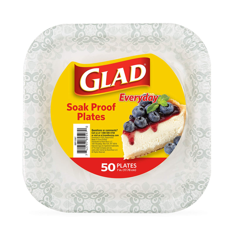 [Australia] - Glad Square Disposable Paper Plates with Gray Victorian Print|Soak /Cut-Proof, Microwaveable Heavy Duty, Disposable , 7 Inches, 50 Count|Square Party plates Bulk 7 Inch - 50 Count 
