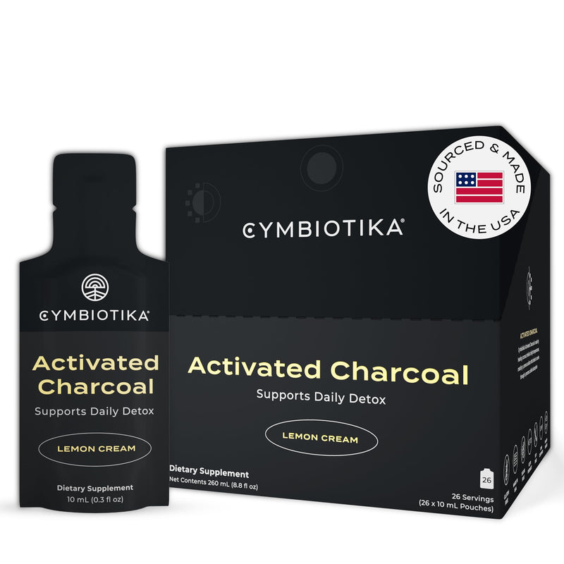 [Australia] - CYMBIOTIKA Activated Charcoal Liquid Supplement with Vitamin E, Gut Health & Digestive Support for Adults, Helps Cleanse, Detox, Support Gas, Bloating, Lemon Cream Flavor, Vegan, 10ml Pouches, 26 Pack 