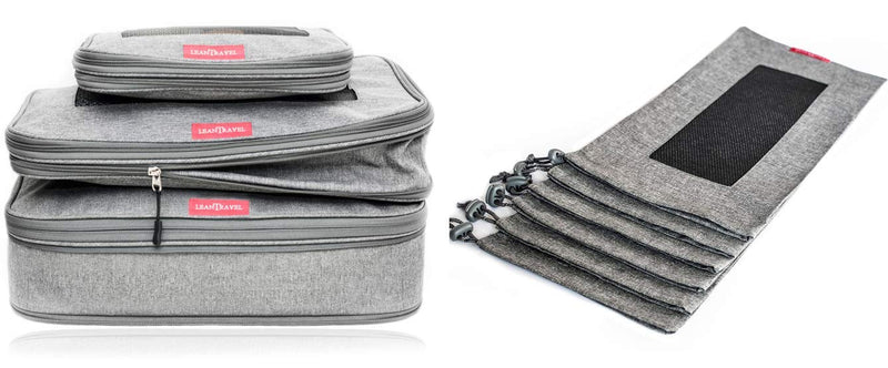 LeanTravel Bundle Compression Packing Cubes Set of 3 + Shoe bags for Travel Set of 6 - Color Grey